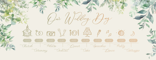 Wall Mural - Wedding Timeline menu on wedding day. Our wedding day calligraphy inscription.