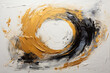 © Carmen Steiner - Ölmalerei mit abstrakten haptischen Kreis von dynamischen Pinselstrichen und Farbspachtelauftrag in Weiß, Gold und Schwarz auf Leinwand als Hintergrundtextur.
