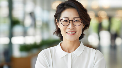 Wall Mural - Pretty 45 years old Korean business woman, wearing glasses, formal slick hairstyle, in a modern office building, wearing white shirt, beside a huge window