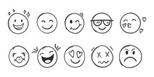 Emojis Faces Icon In Hand Drawn Style. Doddle Emoticons Vector Illustration On Isolated Background. Happy And Sad Face Sign Business Concept.