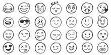 Emojis Faces Icon In Hand Drawn Style. Doddle Emoticons Vector Illustration On Isolated Background. Happy And Sad Face Sign Business Concept.