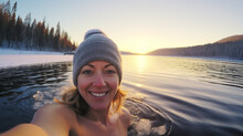 Selfie Image Of Happy Adult Woman Swim In The Lake In Middle Of Beautiful Natural Winter Snowy Landscape