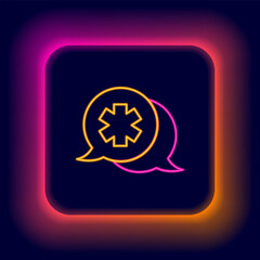 Sticker - Glowing neon line Dialogue with the doctor icon isolated on black background. Doctor and patient dialog. Consulting about medical health services. Colorful outline concept. Vector