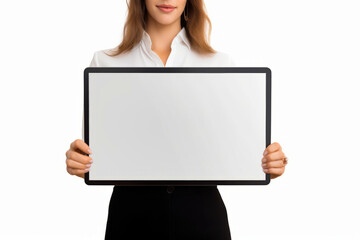 Wall Mural - Woman holding white board in her hands and looking at the camera.