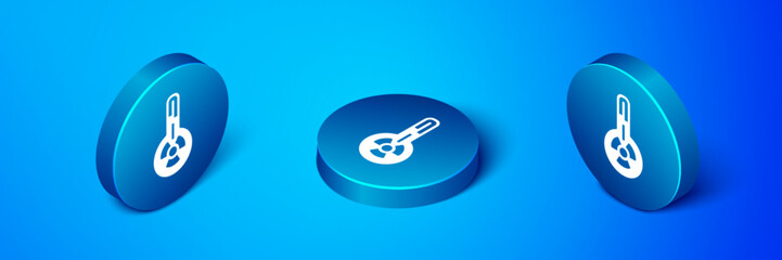 Sticker - Isometric Meteorology thermometer measuring heat and cold icon isolated on blue background. Thermometer equipment showing hot or cold weather. Blue circle button. Vector