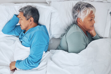 Wall Mural - Sleeping, above and a senior couple in a bed with fatigue in a marriage together. Top view, relax and a tired elderly man and woman in the bedroom for rest, peace and napping with comfort in a house