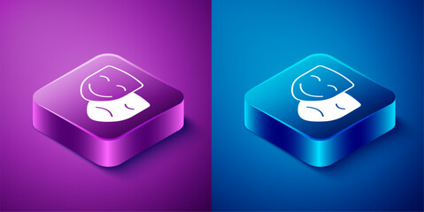 Poster - Isometric Comedy and tragedy theatrical masks icon isolated on blue and purple background. Square button. Vector