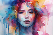 Woman Watercolor Face Beauty Portrait Style Colourful Art Lip Artistic Illustration. Generative AI.