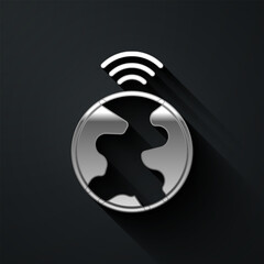 Poster - Silver Global technology or social network icon isolated on black background. Long shadow style. Vector