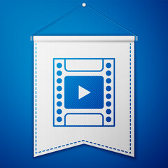 Poster - Blue Camera vintage film roll cartridge icon isolated on blue background. 35mm film canister. Filmstrip photographer equipment. White pennant template. Vector