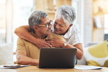 Poster - Laptop, senior couple and hug at table in home, bonding and care together on social media. Computer, embrace and elderly man and woman happy, smile and connection to support, love and typing email