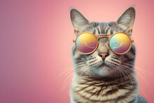 Creative Animal Concept. Tabby Cat Kitty Kitten In Sunglass Shade Glasses Isolated On Solid Pastel Background, Commercial, Editorial Advertisement, Surreal Surrealism