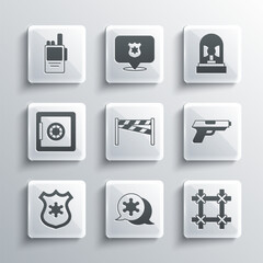 Canvas Print - Set Hexagram sheriff, Prison window, Pistol or gun, Crime scene, Police badge, Safe, Walkie talkie and Flasher siren icon. Vector