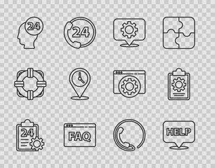 Poster - Set line Checklist with 24 hours service, Speech bubble text Help, Location gear, Browser FAQ, Support operator in touch, clock, Telephone support and icon. Vector