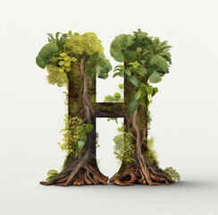 3d render letter H surrounded by Use a tree as the central element, with lush leaves and roots spreading out