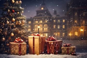 Wall Mural -  Christmas background with Christmas gifts under Christmas tree with beautiful city view