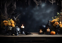 Empty Black Halloween Table Mockup With Pumpkins, Candles, Scull, Autumn Flowers, Spooky Decoration And Dark Mystical Background. Generated AI.