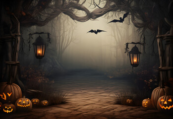 Wall Mural - halloween mystical dark forest mockup with pumpkins jack-o-lantern decorations and spooky background