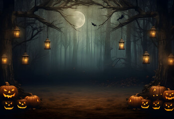 Wall Mural - halloween mystical dark forest mockup with pumpkins jack-o-lantern decorations and spooky background