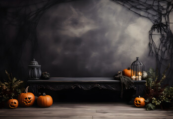 Empty black halloween table mockup with pumpkins, candles, autumn flowers, spooky decoration and dark mystical background. Generated AI.