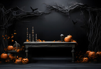 Wall Mural - empty black halloween table mockup with pumpkins, candles, spooky decoration and dark mystical backg