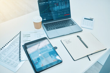 Aufkleber - Technology, office desk and trading, stock market and paperwork, finance and statistics information. Calculator, notebook with tablet and laptop, screen and data analytics with documents and fintech