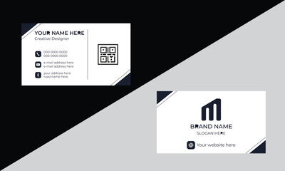 A modern design template of business card set with white color background and also with geometric shapes and navy blue color.