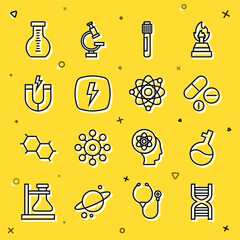 Wall Mural - Set line DNA symbol, Test tube, Medicine pill or tablet, Lightning bolt, Magnet, and Atom icon. Vector