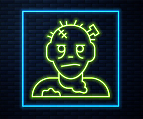 Sticker - Glowing neon line Zombie mask icon isolated on brick wall background. Happy Halloween party. Vector