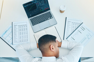 Leinwandbilder - Business man, sleep on desk with trader, laptop and stock market, paperwork with statistics information and fatigue. Insomnia, overworked and burnout, data analysis and top with finance and analytics
