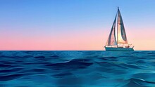 Cartoon Animation Of Small Yacht Boat Sailing At Sunset. Sailboat On The Right