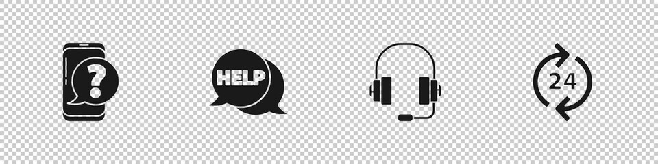 Poster - Set Mobile phone with question, Speech bubble text Help, Headphones and Telephone 24 hours support icon. Vector