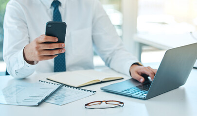 Poster - Laptop, phone and hands typing in office, multitask and working on project. Computer, smartphone and business consultant at desk on internet, man networking on email app and research info on website