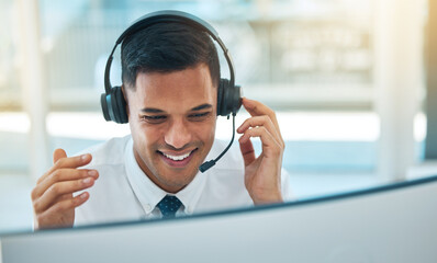 Aufkleber - Man, callcenter and phone call, contact us and headset with mic, CRM and communication, smile with help desk worker. Face, conversation and customer service consultant, telecom and virtual assistant