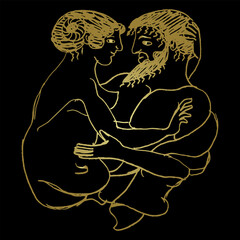 Antique lovers. Ancient Greek couple. Man and woman embracing. Ethnic vase painting style. Hand drawn linear doodle rough sketch. Golden silhouette on black background.