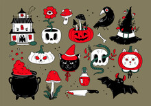 Hand Drawn Vector Set Of Strange Hallowen Witch Elements. Vintage Aunted House, Pumpkins, Mushrooms, Skull, Bat, Cauldron, Cat Drawings. Psychedelic Trippy Art Collection. Cartoon Horror Design