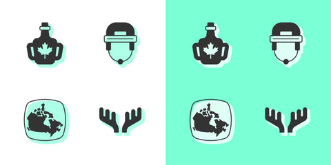 Wall Mural - Set Deer antlers, Bottle of maple syrup, Canada and Hockey helmet icon. Vector