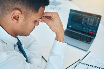 Aufkleber - Business man, headache and laptop of stock market crash, bankruptcy and financial mistake, error or wrong statistics. Sad, stress or fatigue trader on computer screen, data or trading with depression