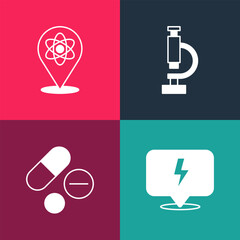 Wall Mural - Set pop art Lightning bolt, Medicine pill or tablet, Microscope and Atom icon. Vector