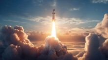 Rocket Successfully Launched Into Space. Spaceship Takes Off Into The Starry Sky. Generative AI