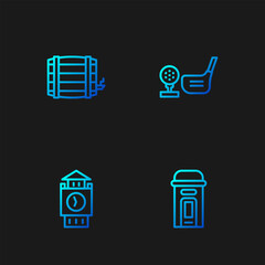 Poster - Set line London phone booth, Big Ben tower, Wooden barrel and Golf club with ball tee. Gradient color icons. Vector