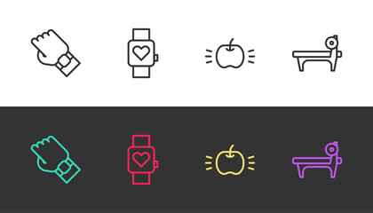 Poster - Set line Smart watch on hand, , Apple and Bench with barbel on black and white. Vector