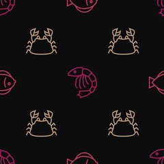 Poster - Set line Fish, Crab and Shrimp on seamless pattern. Vector