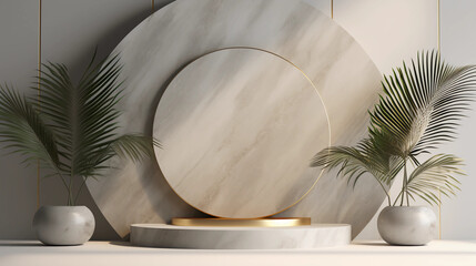 Round marble podium and palm leaf, Abstract minimal geometric background, Aesthetic summer dais and shadows on the wall, 3D Modern design for product showcase, studio lighting, AI generated.