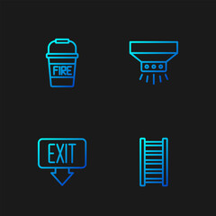 Poster - Set line Fire escape, exit, bucket and sprinkler system. Gradient color icons. Vector