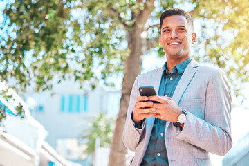 Wall Mural - Cellphone, city and happy business man scroll, walking and smile for company social media, website search and contact user. Smartphone communication, sidewalk or relax person on urban commute journey