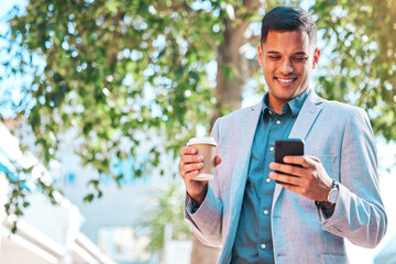 Aufkleber - Phone, city coffee break or happy man, professional realtor or real estate agent typing, check or contact property person. Cellphone communication, sidewalk or networking businessman on urban journey