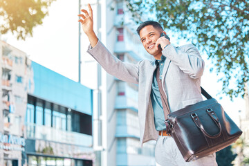 Aufkleber - Phone call, taxi and business man in city wave for cab service, journey and transportation in street. Travel, communication and person in town talking on smartphone for morning commute to meeting