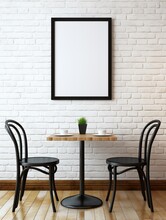 Mockup Blank Frame Isolated On Decent Restaurant Background, With Dining Table And Chairs, Bright Window Lights.