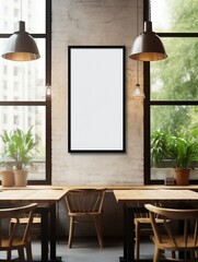 Mockup blank frame isolated on decent restaurant background, with dining table and chairs, bright window lights.